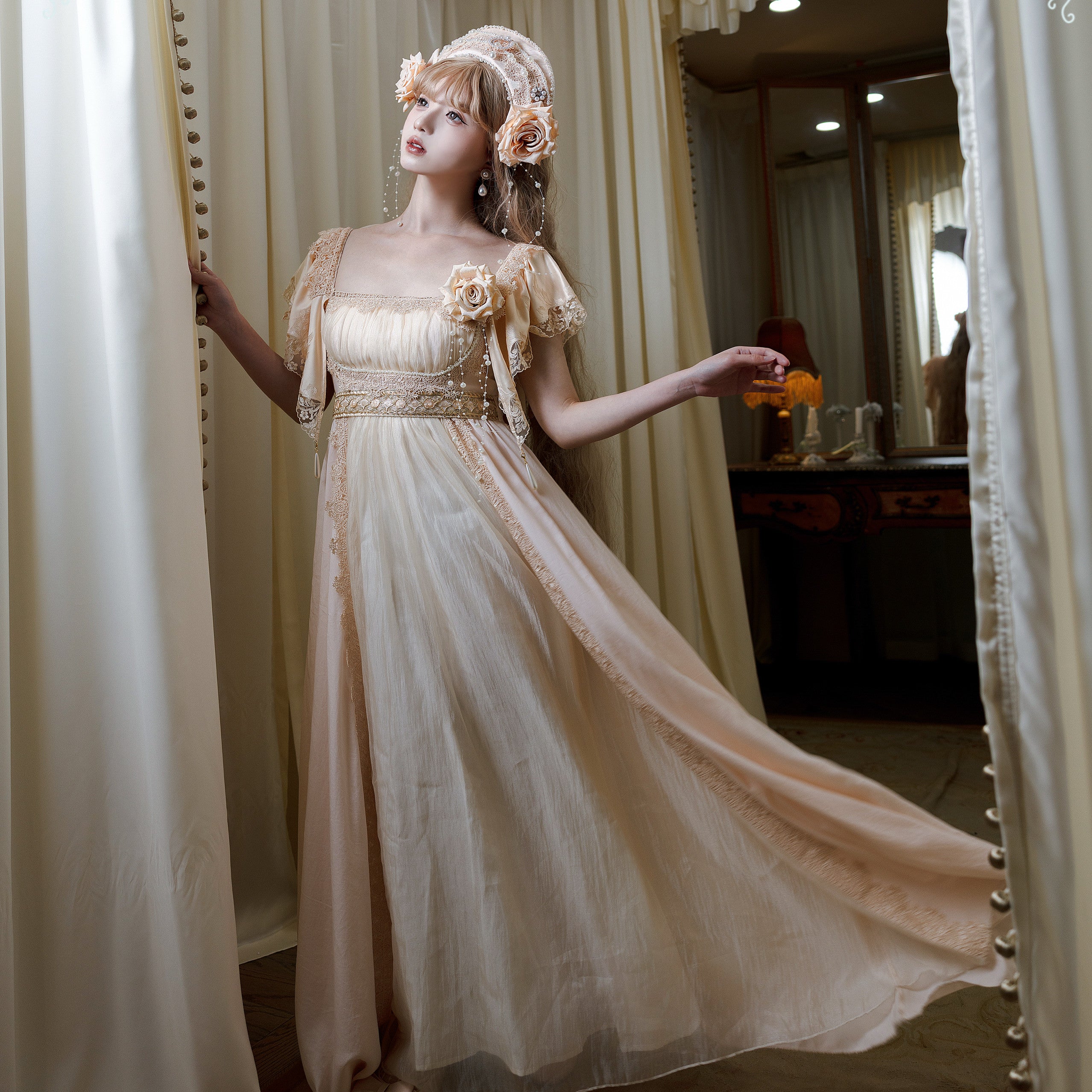 QUEENSWORDS Imperial dress Tencel vintage satin flowing embroidery