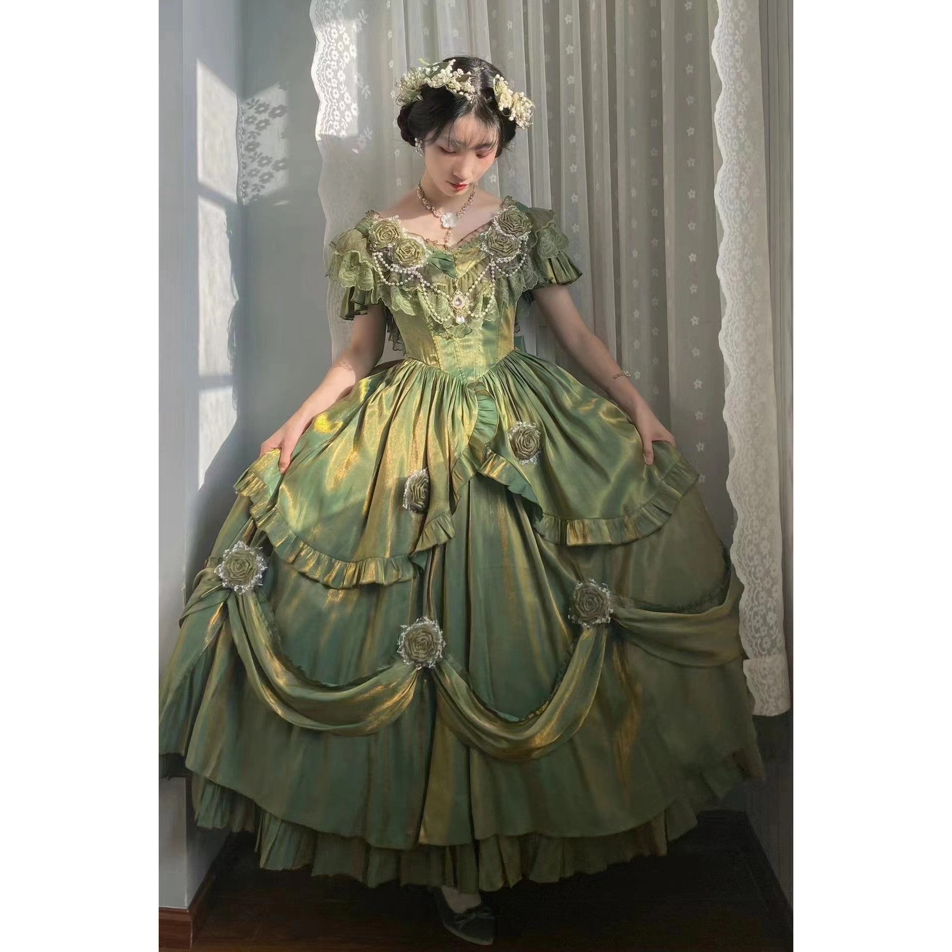 Meow Sensen Sentana Manor Vintage Lolita Dress Lace White Gradient Pink Trailing Shawl Design