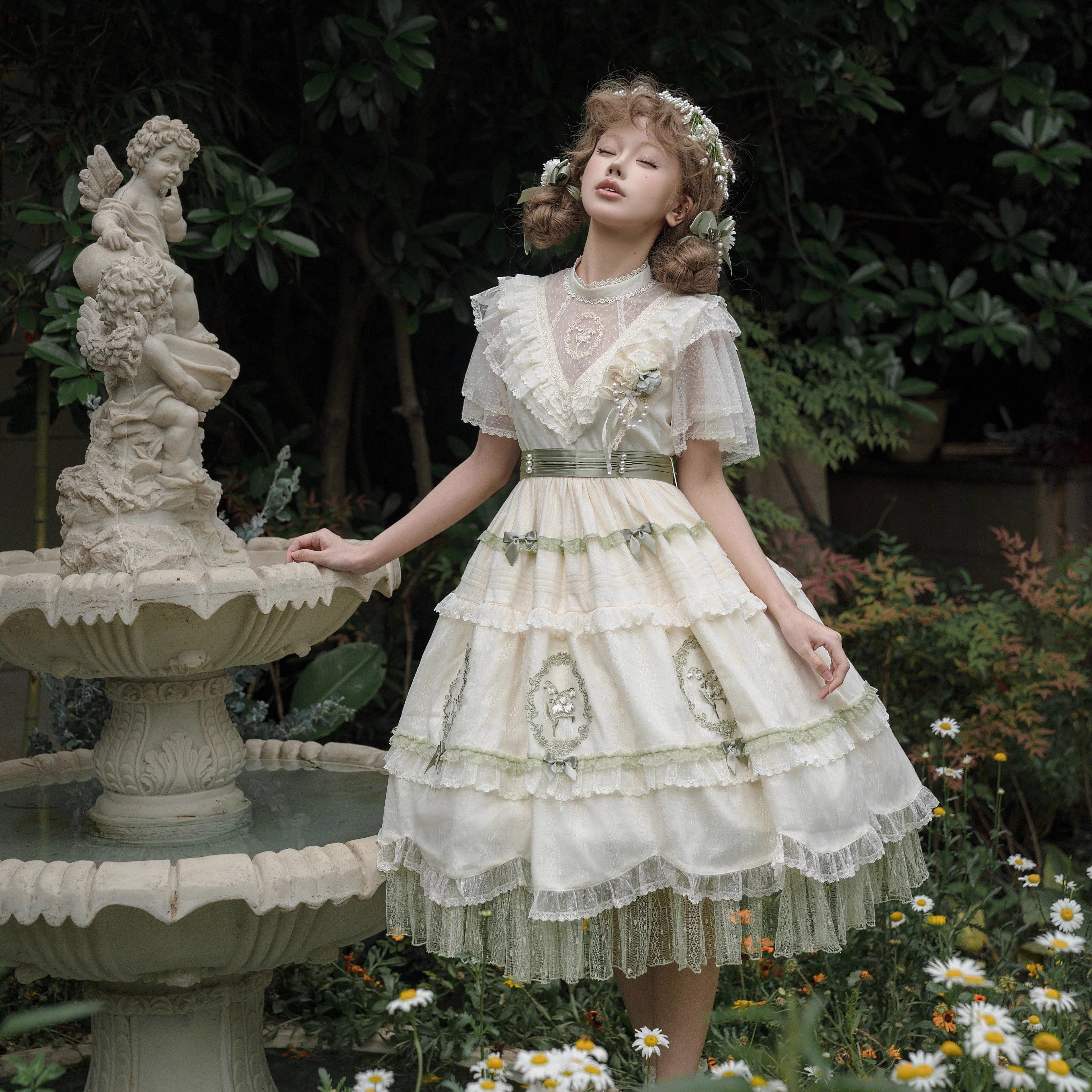 Peach White Tea Elegant Lily of the Valley Lolita OP Dress
