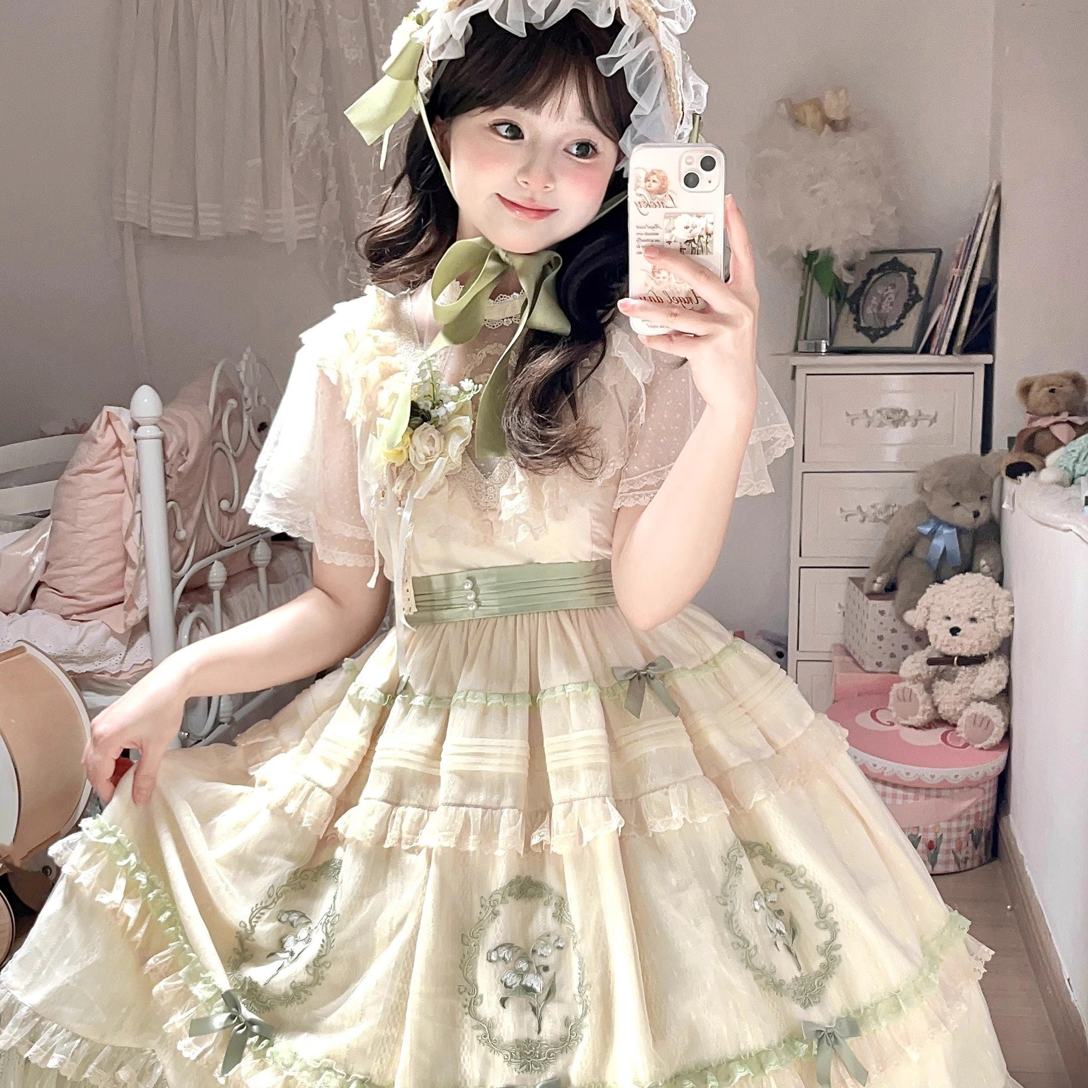 Peach White Tea Elegant Lily of the Valley Lolita OP Dress