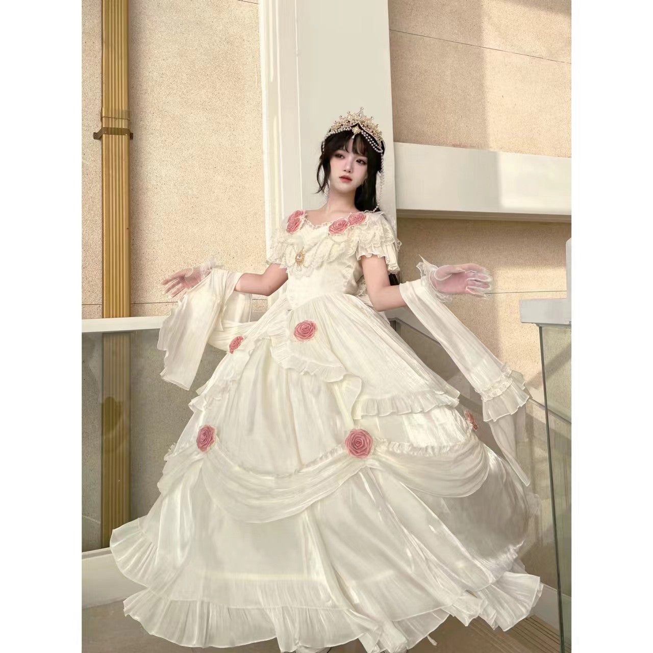 Meow Sensen Sentana Manor Vintage Lolita Dress Lace White Gradient Pink Trailing Shawl Design