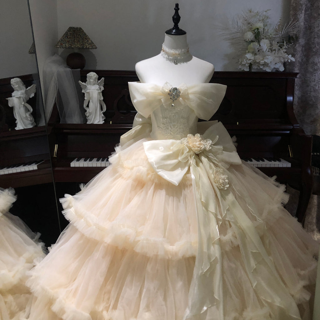 Elegant White Tea Lolita Princess Wedding Dress Romantic Floral Gown