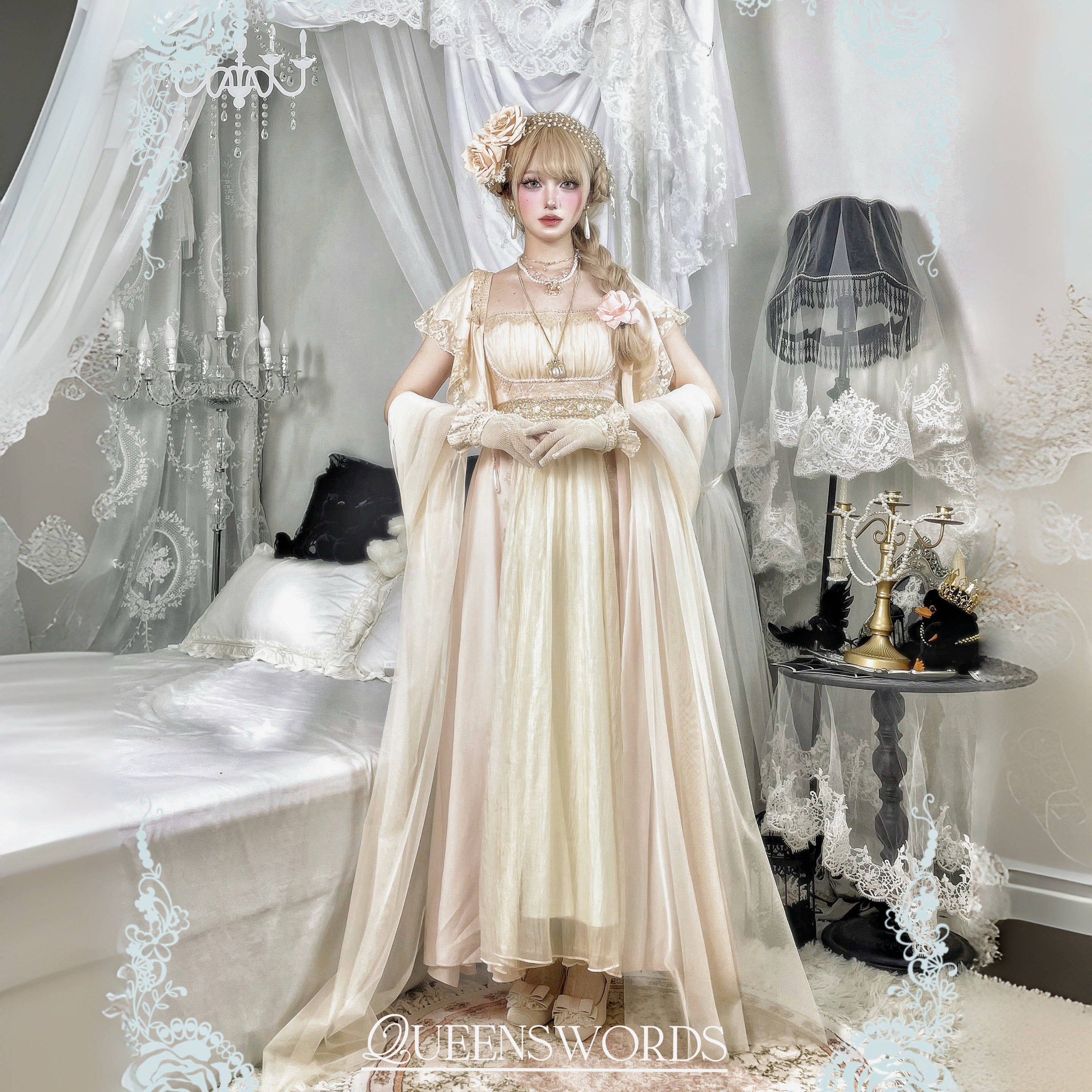 QUEENSWORDS Imperial dress Tencel vintage satin flowing embroidery