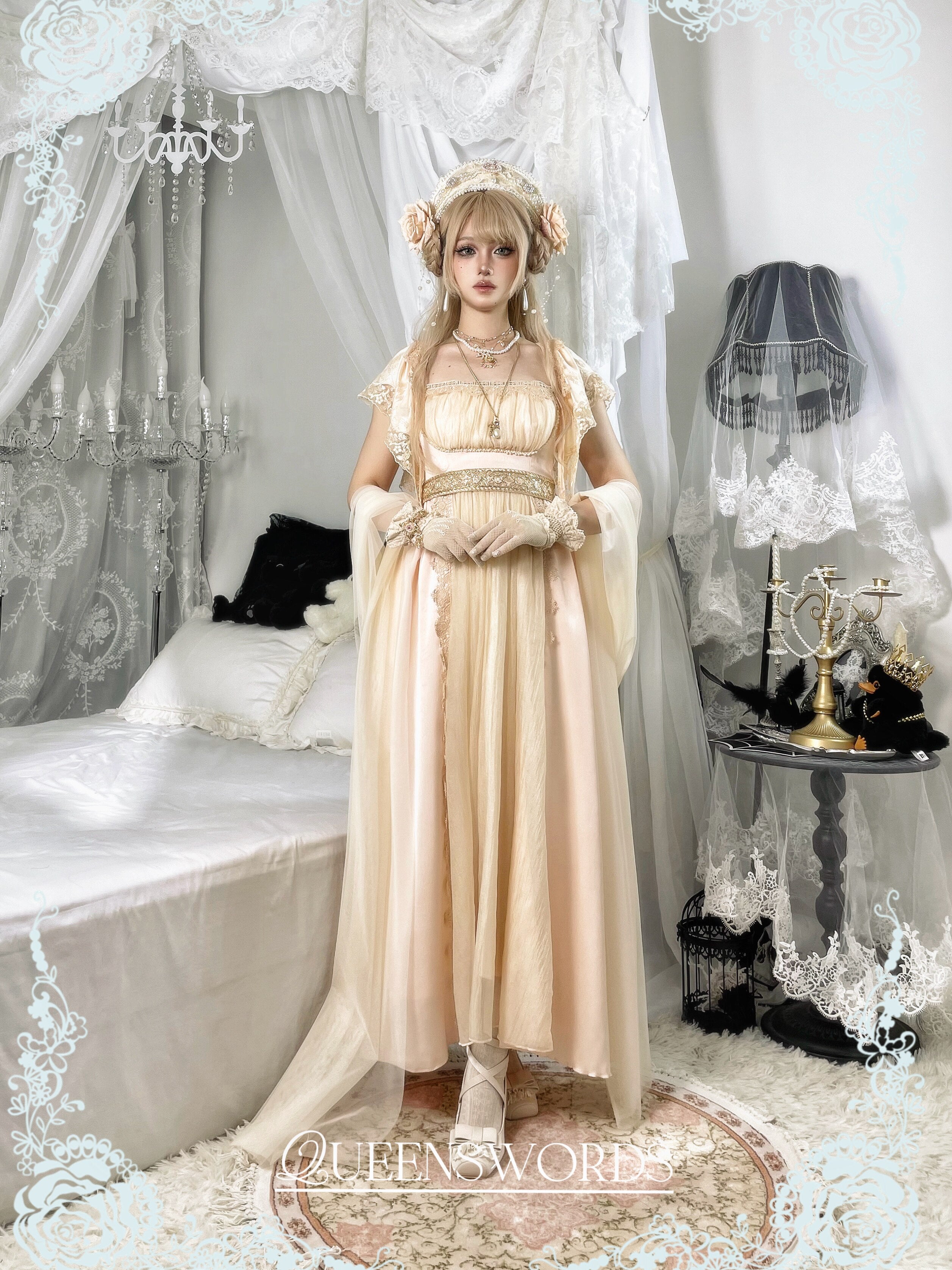 QUEENSWORDS Imperial dress Tencel vintage satin flowing embroidery