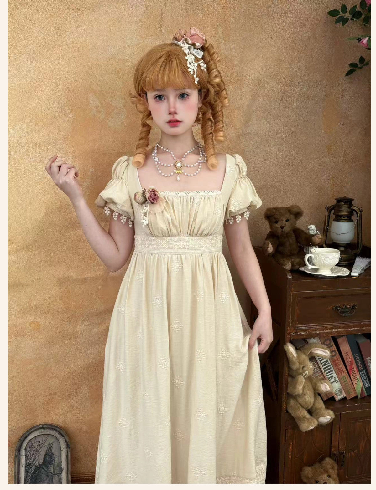 Tail [Little Rose] QUEENSWORDS Imperial Dress Pure Cotton Pavé Embroidered Antique Sense Embroidery