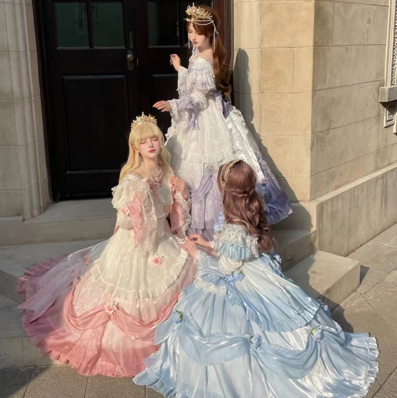 Meow Sensen Sentana Manor Vintage Lolita Dress Lace White Gradient Pink Trailing Shawl Design